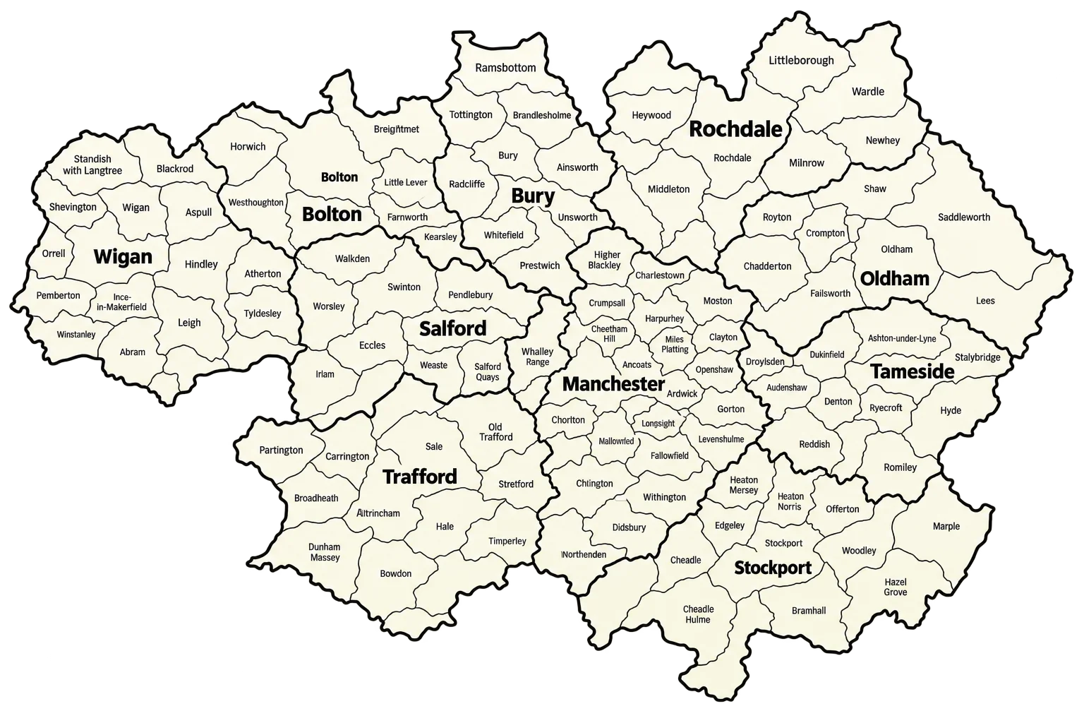 Hand-drawn map of Greater Manchester showing all ten boroughs and their towns